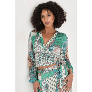 LULUS Dinner Party Darling Green Satin Scarf Print Wrap Top